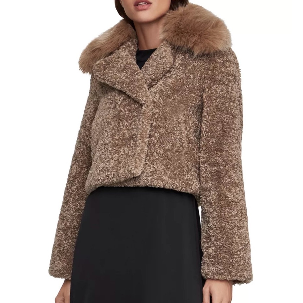 BCBG Faux Shearling Cropped Jacket with Fur Collar - Brown